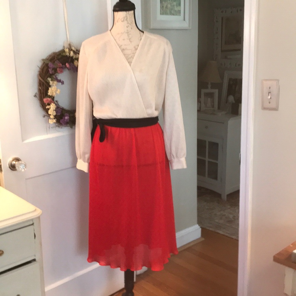 Vintage, floor length, white and red dress.